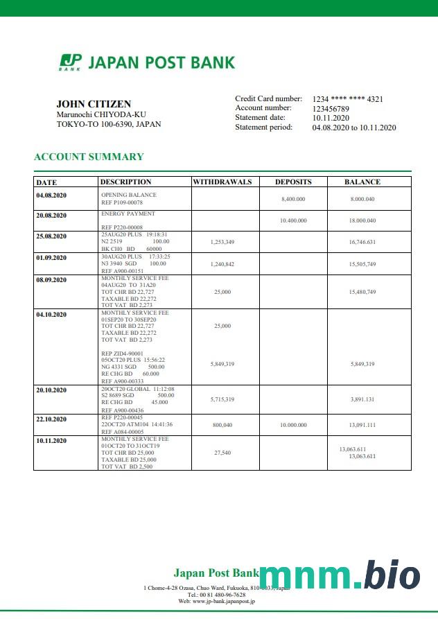 Japoński szablon wyciągu bankowego Norinchukin w programie Word i PDF